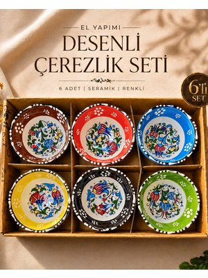 Sufi Tesbih Esans Ve Hediyelik 6’lı El Yapımı Seramik Çerezlik Lokumluk Sunumluk Seti | Renkli Desenli Kase Seti | Bulaşık Makinesine Uygun