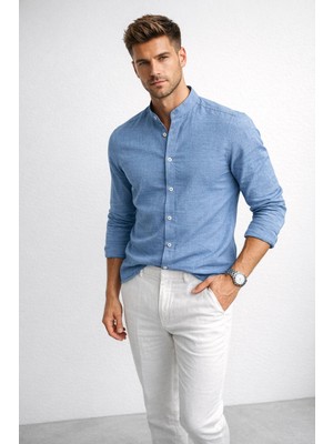 Polo State Erkek Indigo Hakim Yaka Keten Gömlek