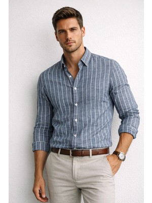 Polo State Erkek Regular Fit Indigo Çizgili Keten Görünümlü Gömlek