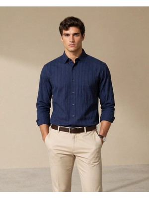 Polo State Erkek Lacivert Dokulu Çizgili Regular Fit Gömlek