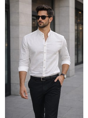 Polo State Erkek Beyaz Hakim Yaka Keten Gömlek