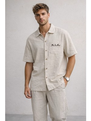 Polo State Erkek Oversize Kısa Kollu Dokulu Baskılı Bej Gömlek – More Than Words