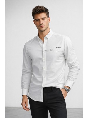 Polo State Erkek Beyaz Regular Fit Minimal Nakış Detaylı Gömlek