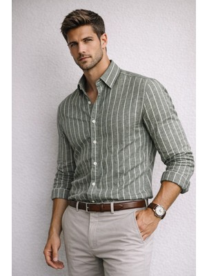 Polo State Erkek Regular Fit Yeşil Çizgili Keten Görünümlü Gömlek