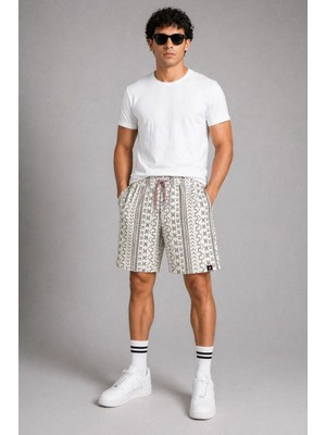 Beta Moda Hub Erkek Dokuma Şort Etnik Desenli Lastikli Bağcıklı Bel Cepli Yazlık Rahat - Bej