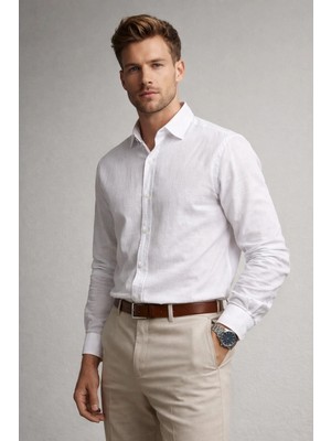 Polo State Erkek Regular Fit Keten Görünümlü Beyaz Gömlek Hafif ve Nefes Alan Yazlık Kumaş