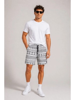 Beta Moda Hub Erkek Dokuma Etnik Desenli Şort Lastikli Bel Bağcıklı Cepli Yazlık Rahat - Gri