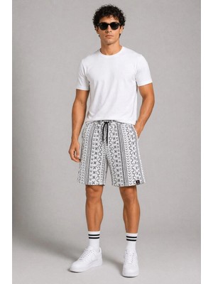 Beta Moda Hub Erkek Etnik Desenli Dokuma Şort Lastikli Bağcıklı Bel Cepli Yazlık Rahat - Gri