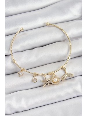 LTG Nova Pirinç Zirkon Taşlı Istiridye Deniz Yıldızı Model Gold Renk Charm Bileklik - TJ-BB7358