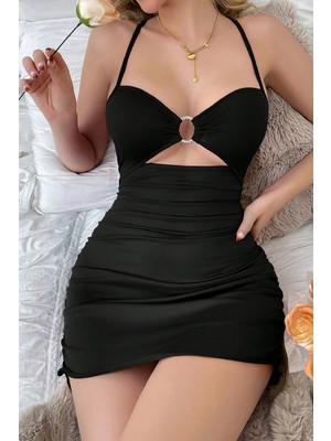 Çamaşır Kenti Kadın Siyah Drapeli Dekolteli Taş Halka Detaylı Şık Mini Gecelik