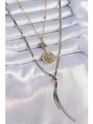 Poyraz Market 316L Çelik Mix Renk Filiz Figür Nazar Boncuk Detay Uzun Kadın Kolye