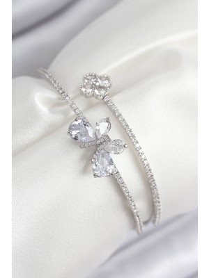 Poyraz Market Pirinç Zirkon Taşlı ve Yonca Model Gümüş Renk Kadın Bileklik