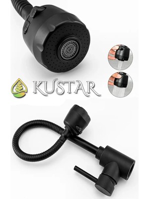 Kustar 360 Derece Ayarlanır Döner Spiralli 2 Fonksiyonlu Mutfak Lavabo Eviye Batarya Borusu Siyah Kobar