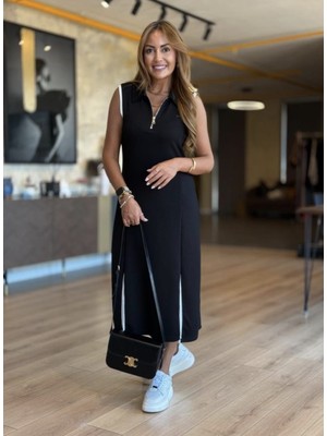 Qimya Butik Şans Life Kadın Fermuarlı Polo Yaka Biyeli Çift Yırtmaçlı Midi Boy Kolsuz Örme Elbise