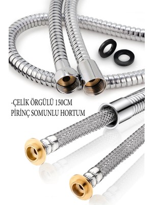Kustar Çelik Örgülü Pirinç Somunlu Patlamaz Paslanmaz Yıpranmaz 150 cm Banyo Duş Hortumu