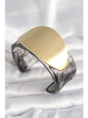 Poyraz Market Siyah Mermer Desen Akrilik Plastik Gold Oval Plaka Model Vintage Kadın Bilezik