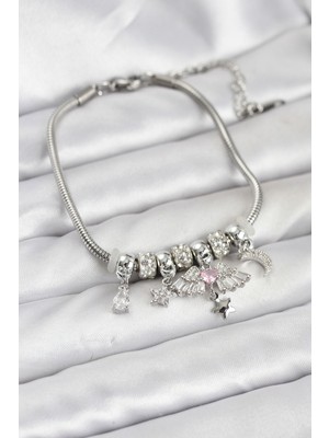 Poyraz Market Pirinç Gümüş Renk Kanatlı Charmlı Kadın Bileklik