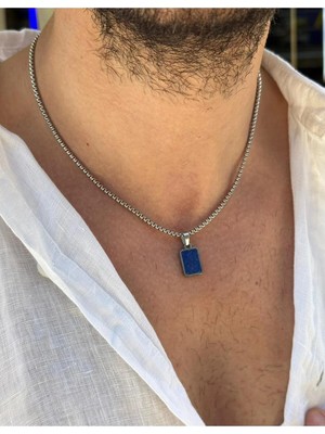 Fjellor Finrod Erkek Minimal Dikdörtgen Lacivert Lapis Lazuli Doğal Taş Uçlu Çelik Kolye