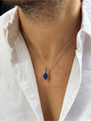 Fjellor Glóin Erkek Lacivert Lapis Lazuli Doğal Taşlı Baklava Model Paslanmaz Çelik Kolye