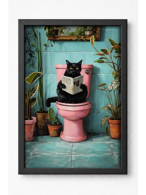 Özgürce Kedi Figürlü Banyo Dekoratif Duvar Tablosu, Ahşap Çerçeveli Tasarım