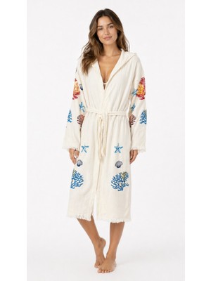 Mulberry Kadın Müslin Plaj Kimonosu Kapüşonlu %100 Pamuk Baskılı Yazlık Kimono Bornoz