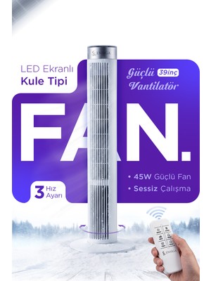Ensiga Kule Tipi 39'' Fan Uzaktan Kumandalı LED Ekranlı Sessiz 3 Hız Kademeli 45W Güçlü Fan