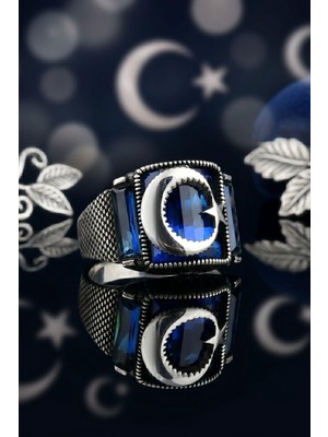 Prestige Gümüş Ay Yıldızlı - Ay Yıldız Lacivert Zirkon Taşlı Baget Kesim 925 Ayar Gümüş Yüzük 902670
