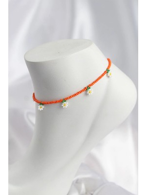 Inure Jewelry Turuncu Renk Boncuklu Papatya Motifli Halhal