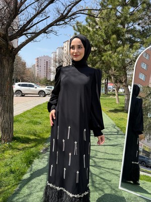 JOOQSTORE Tüylü Taş Detaylı Abiye Elbise