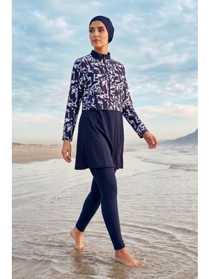 Haliç Mayo Büyük Beden Desenli Tam Kapalı Tesettür Mayo 12 Lacivert