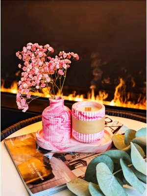 Özgürce Şık ve Zarif Dekoratif Beton Vazo, Tepsi ve Mumluk Seti, Pembe Renk