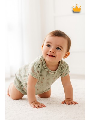  Kız Bebek Kısa Müslin Tulum %100 Pamuk Çiçek Baskılı 12049