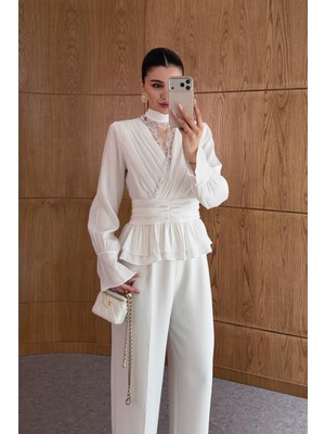 Qimya Butik Miss Neşem Kadın Vatkalı V Yaka Içi Dantelli Kuşaklı Beli Lastikli Uzun Kol Şık Bluz