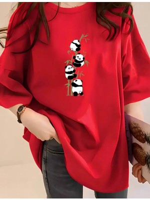 Nıgrum Pardus Özel Üretim Bambu Pandalar Baskılı %100 Pamuk Battal Kadın T-Shirt