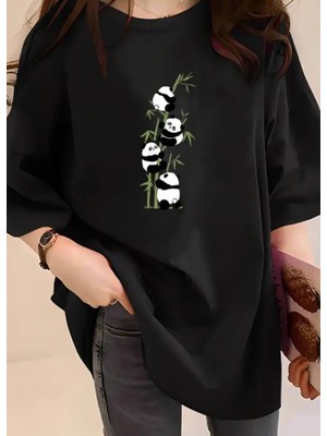 Nıgrum Pardus Özel Üretim Bambu Pandalar Baskılı %100 Pamuk Battal Kadın T-Shirt