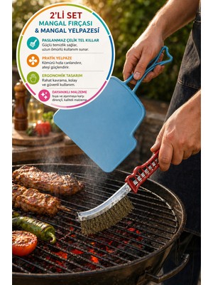 2’li Mangal Seti Izgara Temizleme Fırçası Tel + Yelpaze Kömür Üfleme Barbekü Aksesuarı