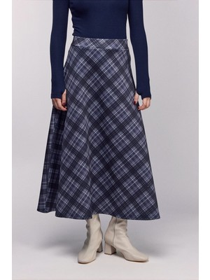 Saade Antrasit Ekose Desenli Yüksek Bel Kloş Scuba Etek