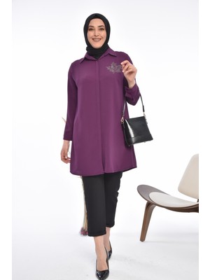 FERACE Kadın Büyük Beden Mürdüm Yaprak Baskılı Gömlek Tunik Rahat Kullanım Özellikli