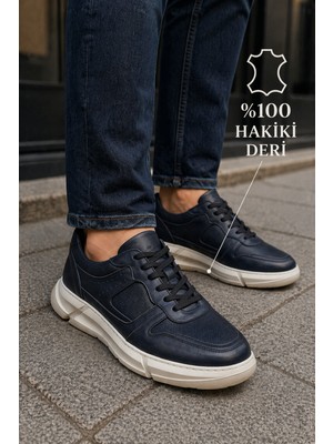 Zueofficial Erkek Lacivert Hakiki Deri Sneaker - Beyaz Kalın Tabanlı Şık Tasarım
