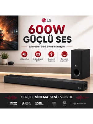 Lg 600W Yüksek Ses ve Kaliteli Soundbar, 4.1 Kanal Sinema Kalitesi, Kablosuz Bluetooth Optik ve USB