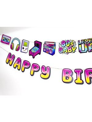 Fluparty Back to 80's - Neon Retro 80'ler Temalı “Happy Birthday” Yazı Banner