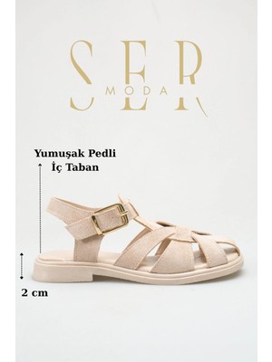 Sermoda Kadın Kapalı Sandalet - Kapalı Burun Tokalı Düz Taban Kadın Sandalet Süet Ten
