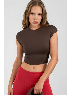 Hiccup Kadınlar Busem Bisiklet Yaka Düz Kısa Tişört Kahve Kahvesi