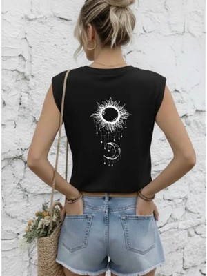 Nıgrum Pardus Özel Seri Güneş-Ay Sırt Baskılı %100 Pamuk Kolsuz Kadın Crop T-Shirt