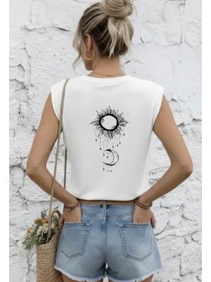 Nıgrum Pardus Özel Seri Güneş-Ay Sırt Baskılı %100 Pamuk Kolsuz Kadın Crop T-Shirt