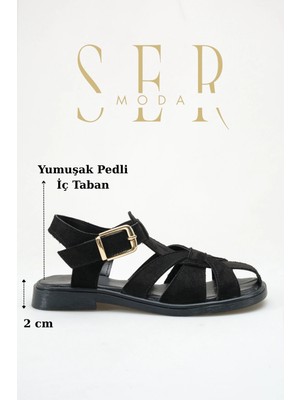 Sermoda Kadın Kapalı Sandalet - Kapalı Burun Tokalı Düz Taban Kadın Sandalet Süet Siyah