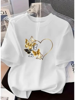 Nıgrum Pardus Özel Seri Gold Kelebekler Baskılı %100 Pamuk Büyük Beden Şık Kadın T-Shirt
