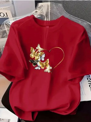 Nıgrum Pardus Özel Seri Gold Kelebekler Baskılı %100 Pamuk Büyük Beden Şık Kadın T-Shirt