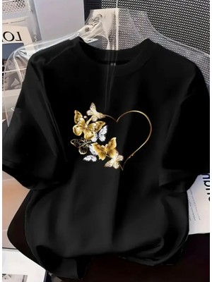 Nıgrum Pardus Özel Seri Gold Kelebekler Baskılı %100 Pamuk Büyük Beden Şık Kadın T-Shirt