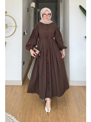 Tesettür Diyarı Divol Poplin Kumaş Düğmeli Tesettür Elbise- Kahverengi